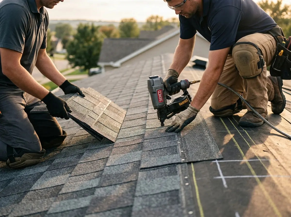 Professional roofer working on a residential roof in Council Bluffs